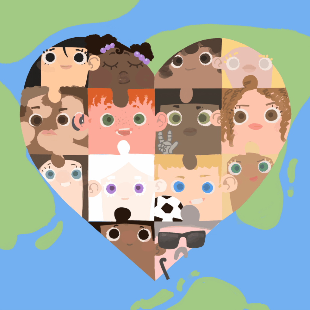 a heart shaped puzzle depicts diverse people. The background is blue and green depicting the globe.