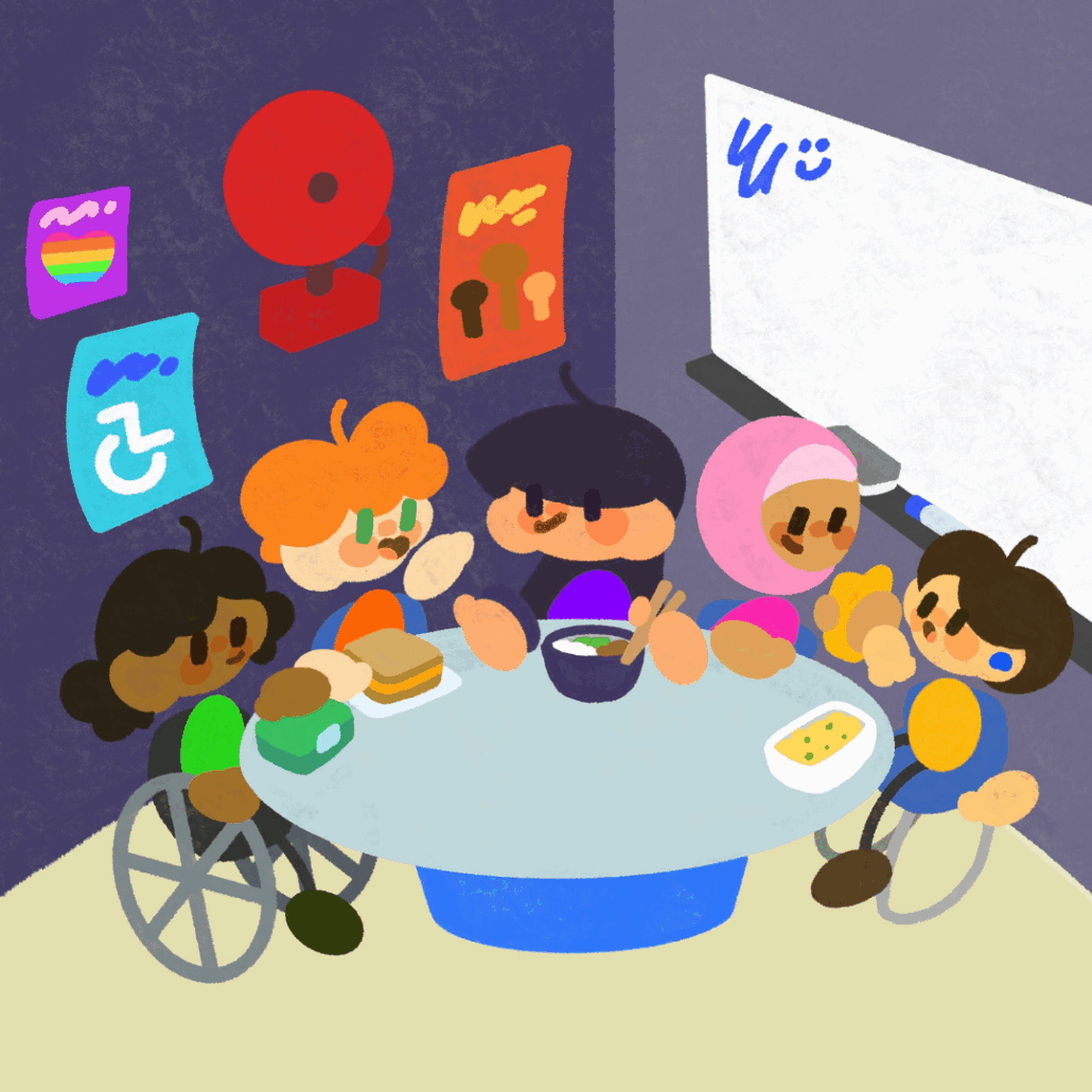 Students of variety ethnic background sit and each lunch at a table. There are posters on the wall behind them including a pride flag and information of disabilities.